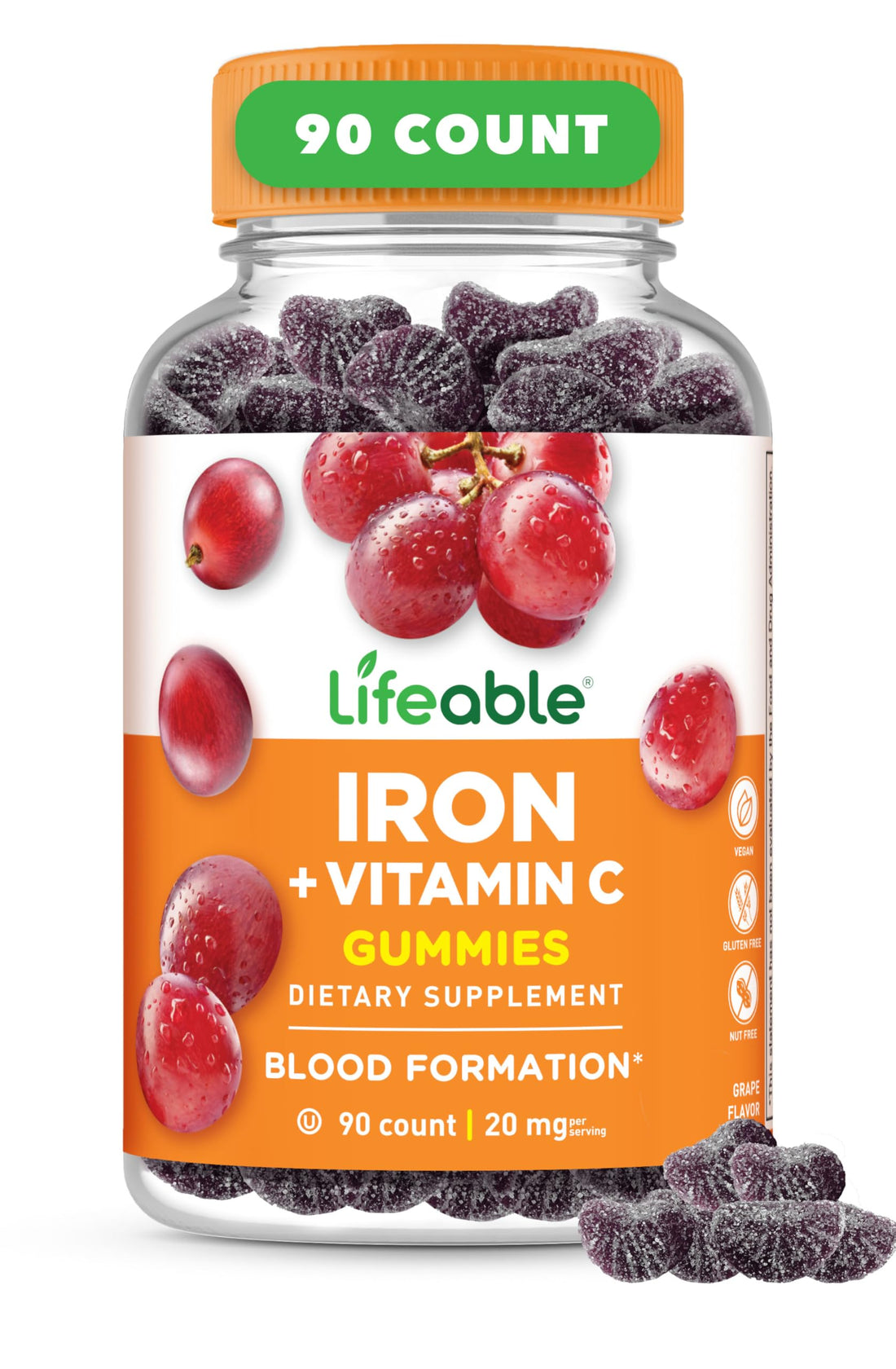 Lifeable Iron Gummies | 20mg | with Vitamin C | Great Tasting Blood Builder Iron Supplement | Iron with Vitamin C for Iron Deficiency | Iron Gummies for Women, Men, Adults | 90 Gummies