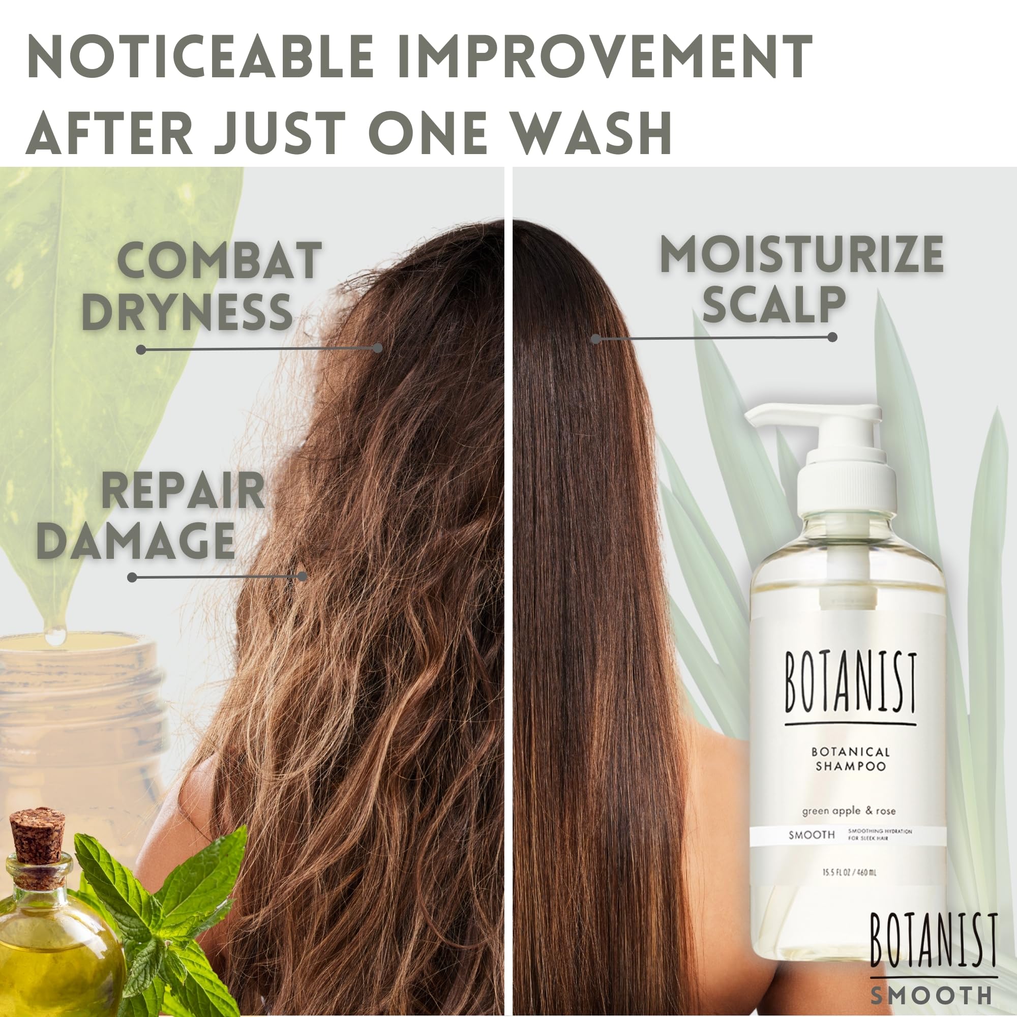 BOTANIST Organic Shampoo for Frizzy & Dry Hair Women & Men, Anti-Frizz Clarifying Shampoo with Macadamia Nut Oil & Sugarcane Extract from Japan, Sulfate & Silicone Free, GREEN APPLE & ROSE, 15.5 Fl Oz