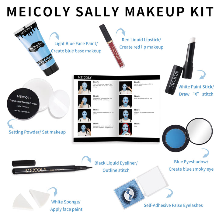 MEICOLY Sally Makeup Kit,Complete Sally Corpse Bride Makeup Set for Halloween SFX Stage Theater,Blue Face Body Paint Cosplay ,Setting Powder for Face Paint,Single Blue Eyeshadow,White Eye Black