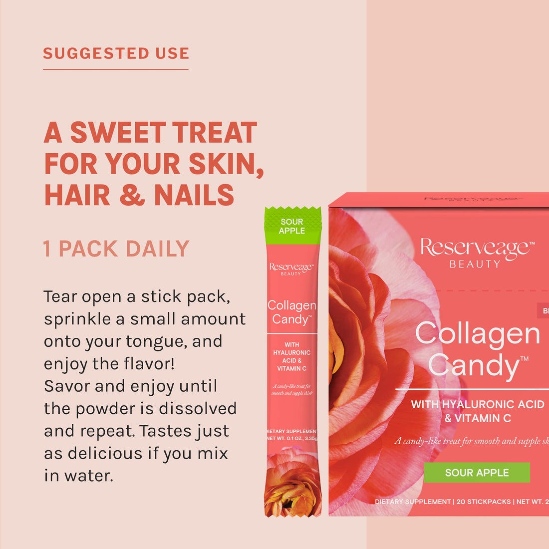 Reserveage Nutrition Collagen Candy, Collagen Supplement for Skin Care, Hair Growth, Collagen Booster for Nail Care, Supports Elastin Production, Paleo and Keto, Sour Apple, 2.3 Ounces (20 Servings)