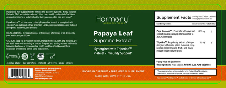 Harmony Nutraceuticals Papaya Leaf Supreme Extract Highest Potency Maximum Bioactivity Organic Dr. Gumman's Clinical Grade 120 Vegan Capsules Synergized with Triperine