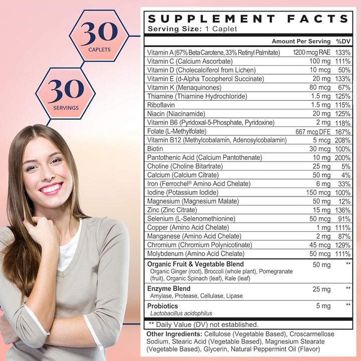 Best Nest Wellness Women's Multi Plus - Brain & Body Health Support Supplement - Gentle Iron Supplement for Energy Support - Supplement for Women with Methylated Vitamins - 30 Capsules