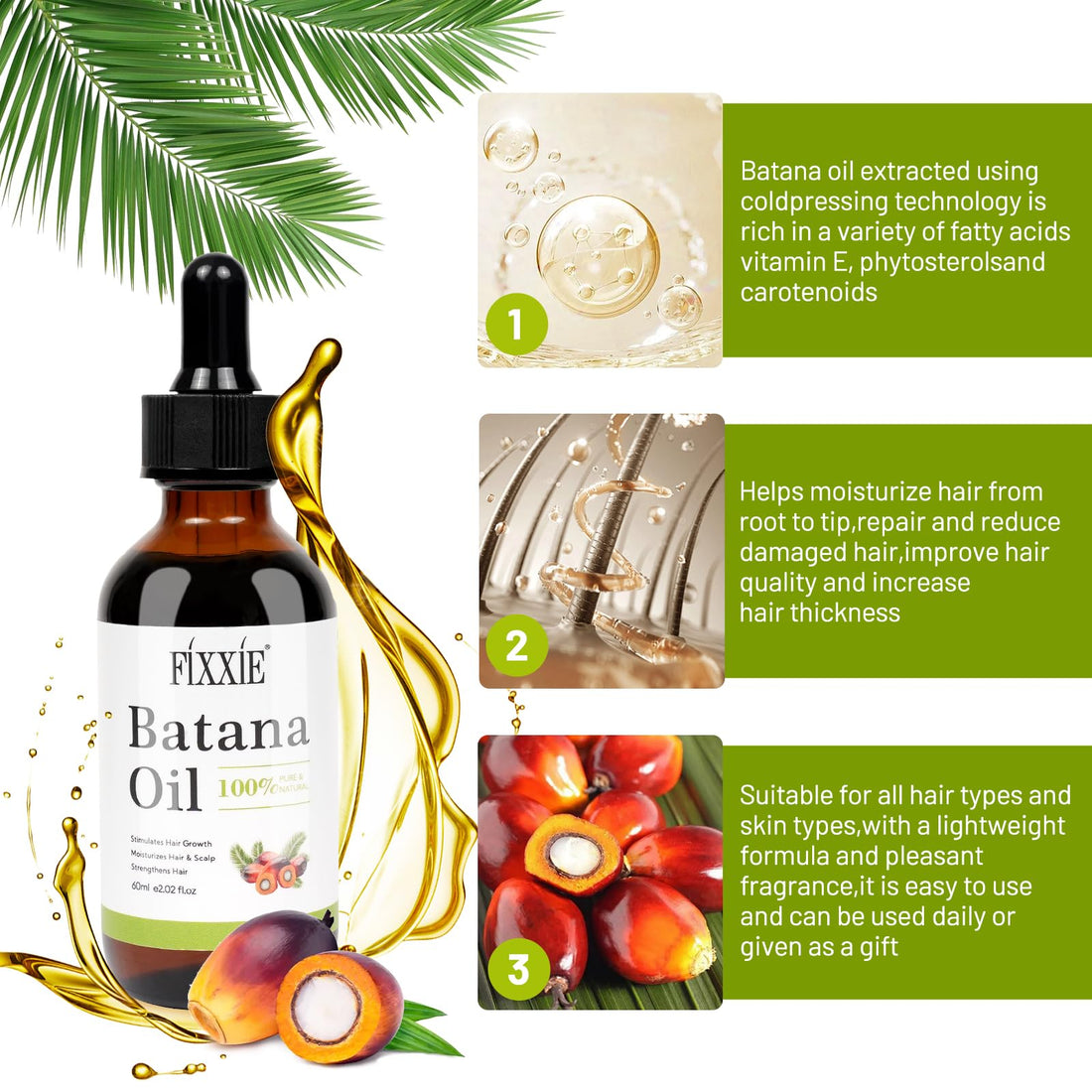 Batana Oil for Hair Growth 60ml, 100% Pure & Natural Batana Hair Oil, Prevent Hair Loss, Batana Oil from Honduras, Batana Oil for Men & Women for Thicker & Stronger Hair