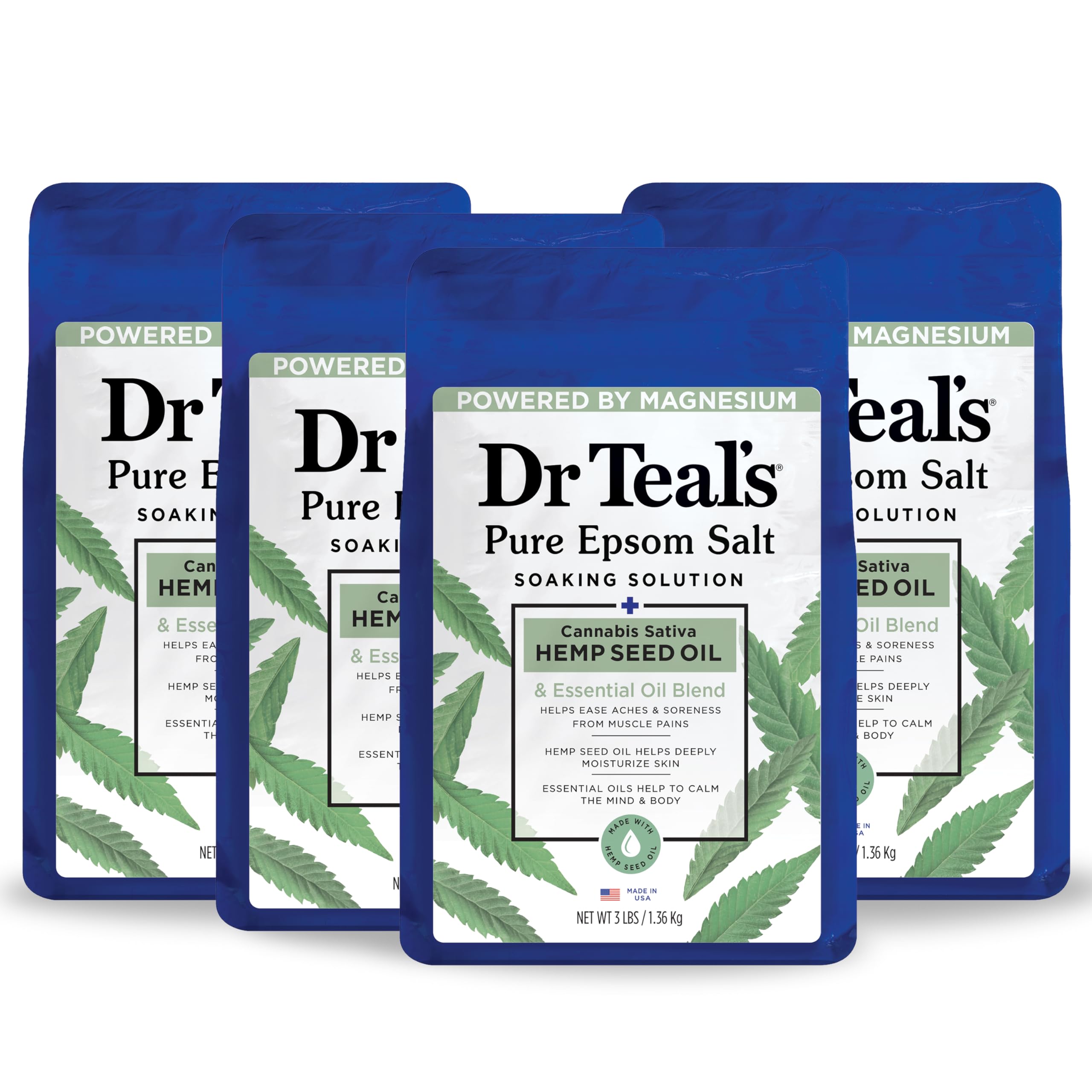 Dr Teal's Epsom Salt Magnesium Soak, Cannabis Sativa Hemp Seed Oil, 3 lbs (Pack of 4)
