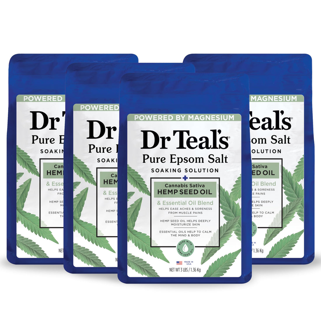 Dr Teal's Epsom Salt Magnesium Soak, Cannabis Sativa Hemp Seed Oil, 3 lbs (Pack of 4)
