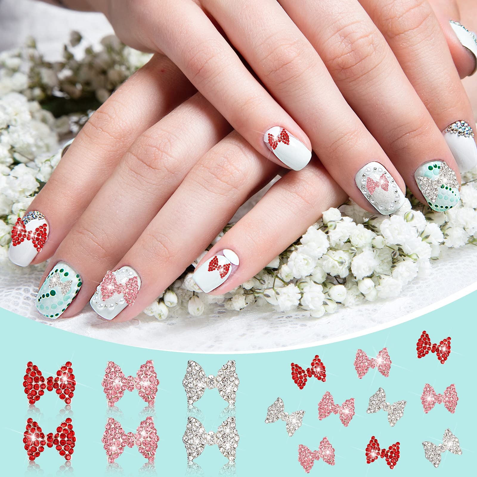 24 Pieces 3D Bows Nail Art Charms Rhinestones Bows Charms Pearl Bowknot Nail Accessory 3D Alloy Nail Art Decoration for Women Girls Nail Salon DIY Nail Decorations (Red, Gold, Rose Red)