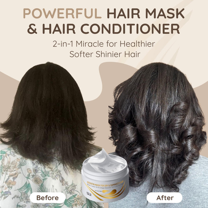 Vitamins Keratin Hair Mask Deep Conditioner - Biotin Collagen Protein & Castor Oil Repair for Dry Damaged or Color Treated Hair - Conditioning Treatment for Curly or Straight Thin Fine Hair