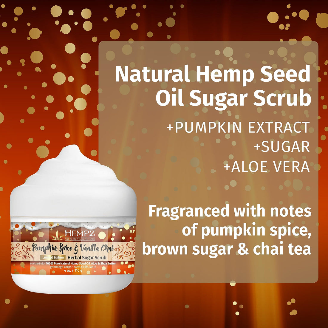 Hempz Pumpkin Spice & Vanilla Chai Exfoliating Body Scrub (4 Oz) – Yummy Fall Scented Sugar Body Scrub for Shower & Bath, Cozy Fall Pumpkin & Vanilla Chai Scented Sugar Scrub Exfoliant for Women & Men