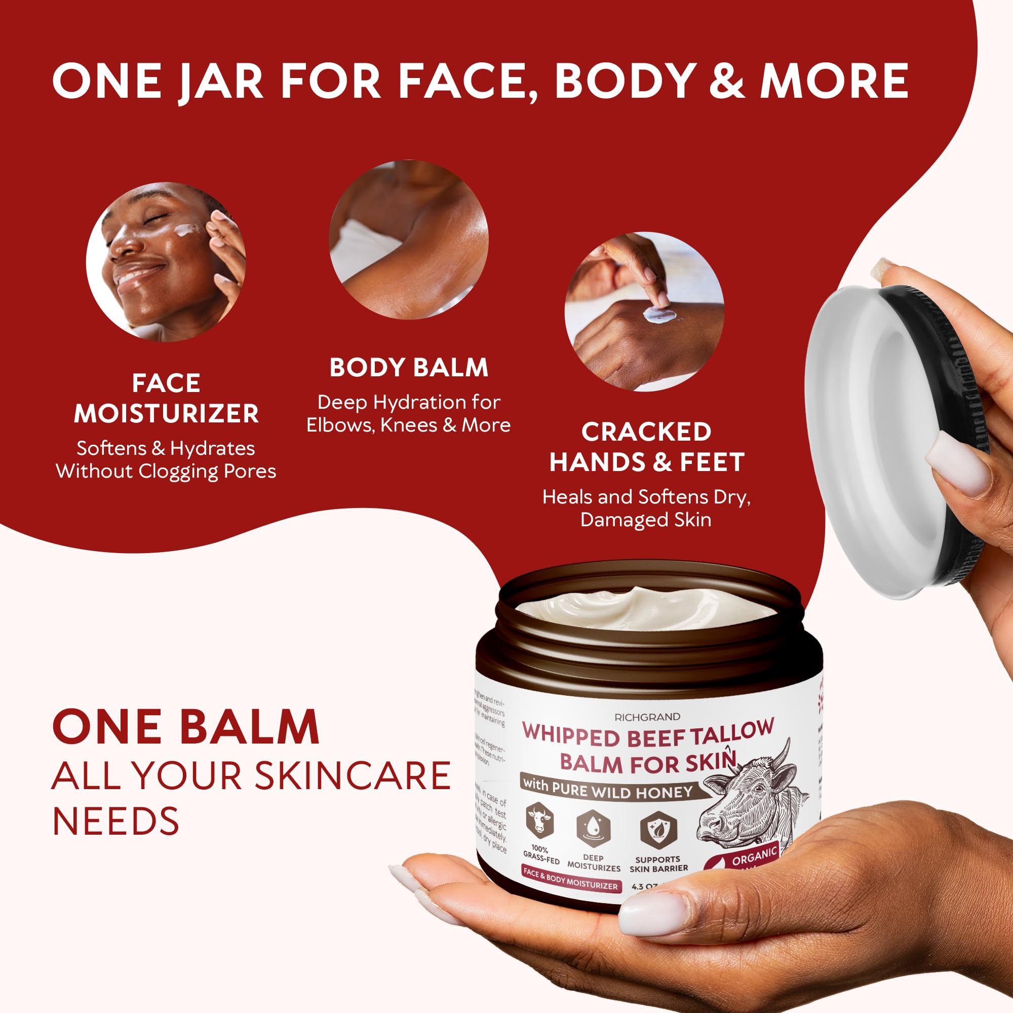 RICHGRAND Beef Tallow for Skin - Whipped Grass-Fed Moisturizer with Wild Honey & Beeswax, Natural Face & Body Care, Deep Hydration, Anti-Aging, Sensitive Skin Safe, 100% Organic Balm