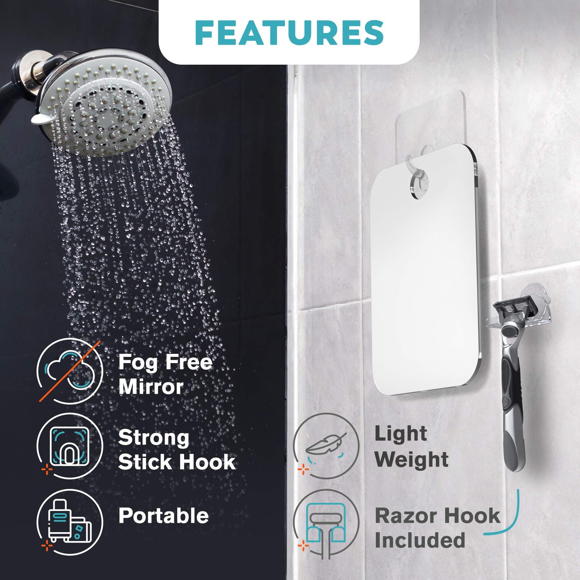HONEYBULL Small 4x6in Wall Mount Home Mirror - Fogless Shower Shaving, Anti Fog, Razor Holder, Bathroom Accessories, Plastic, White, Travel