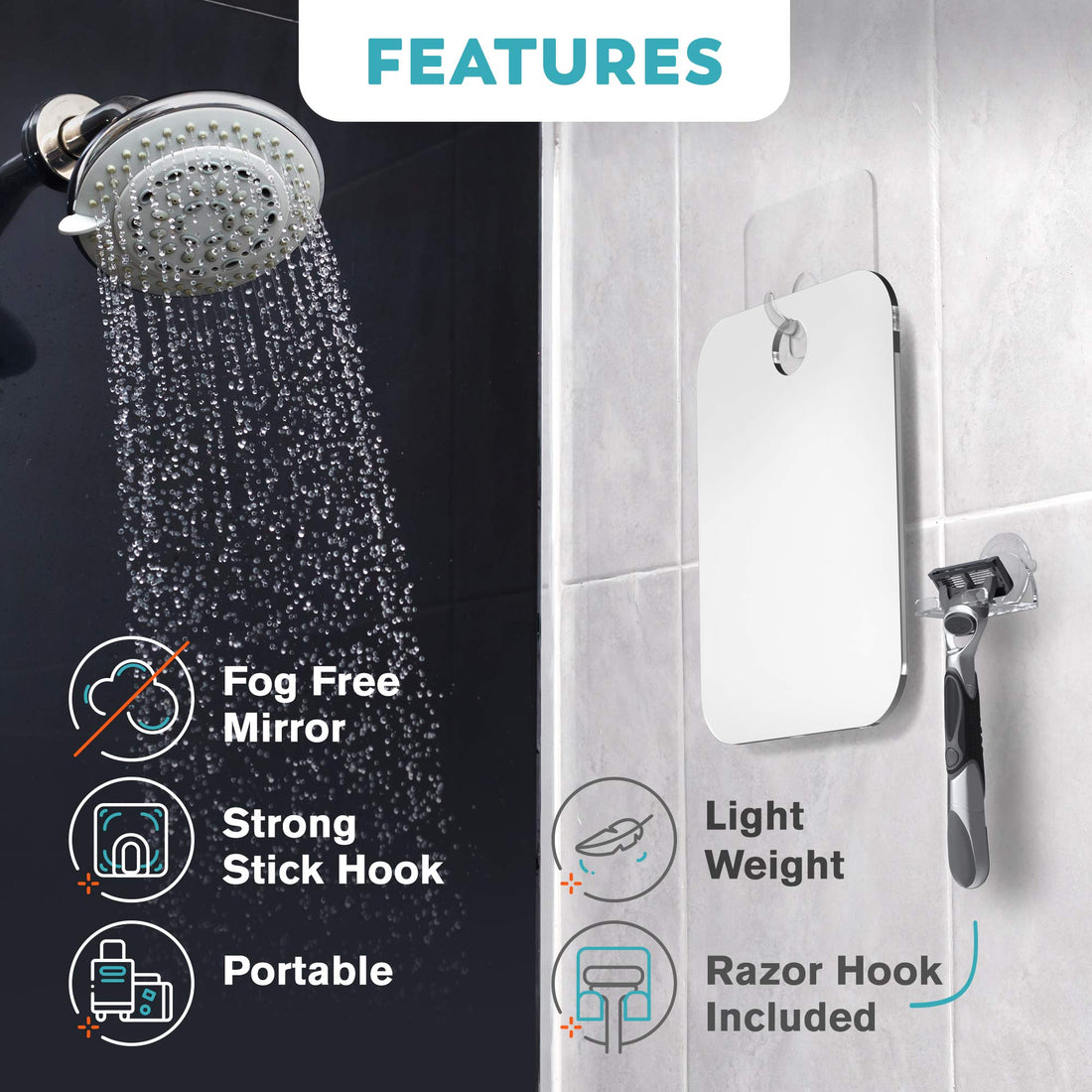 HONEYBULL Small 4x6in Wall Mount Home Mirror - Fogless Shower Shaving, Anti Fog, Razor Holder, Bathroom Accessories, Plastic, White, Travel