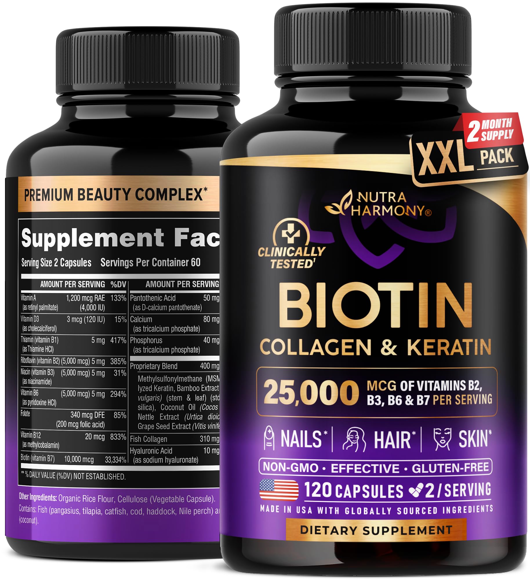 Biotin | Collagen | Keratin - Clinically Tested Supplement - Hair Growth Support - Skin & Nails Complex - 25000 mcg Vitamins B2, B3, B6 & B7 | Hyaluronic Acid - Made in USA - Women & Men, 120 Capsules
