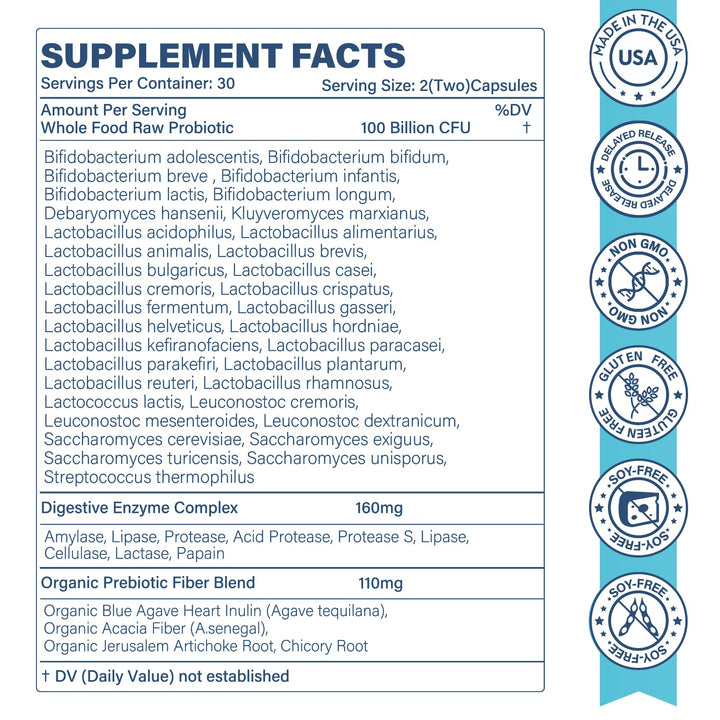 Raw Probiotics for Women & Men - 100 Billion CFU, 35 Strains, Organic Prebiotics & Natural Digestive Enzymes for Digestive, Gut & Immune Health - Dairy, Soy and Gluten Free, Non-GMO, 60 Vegan Capsules