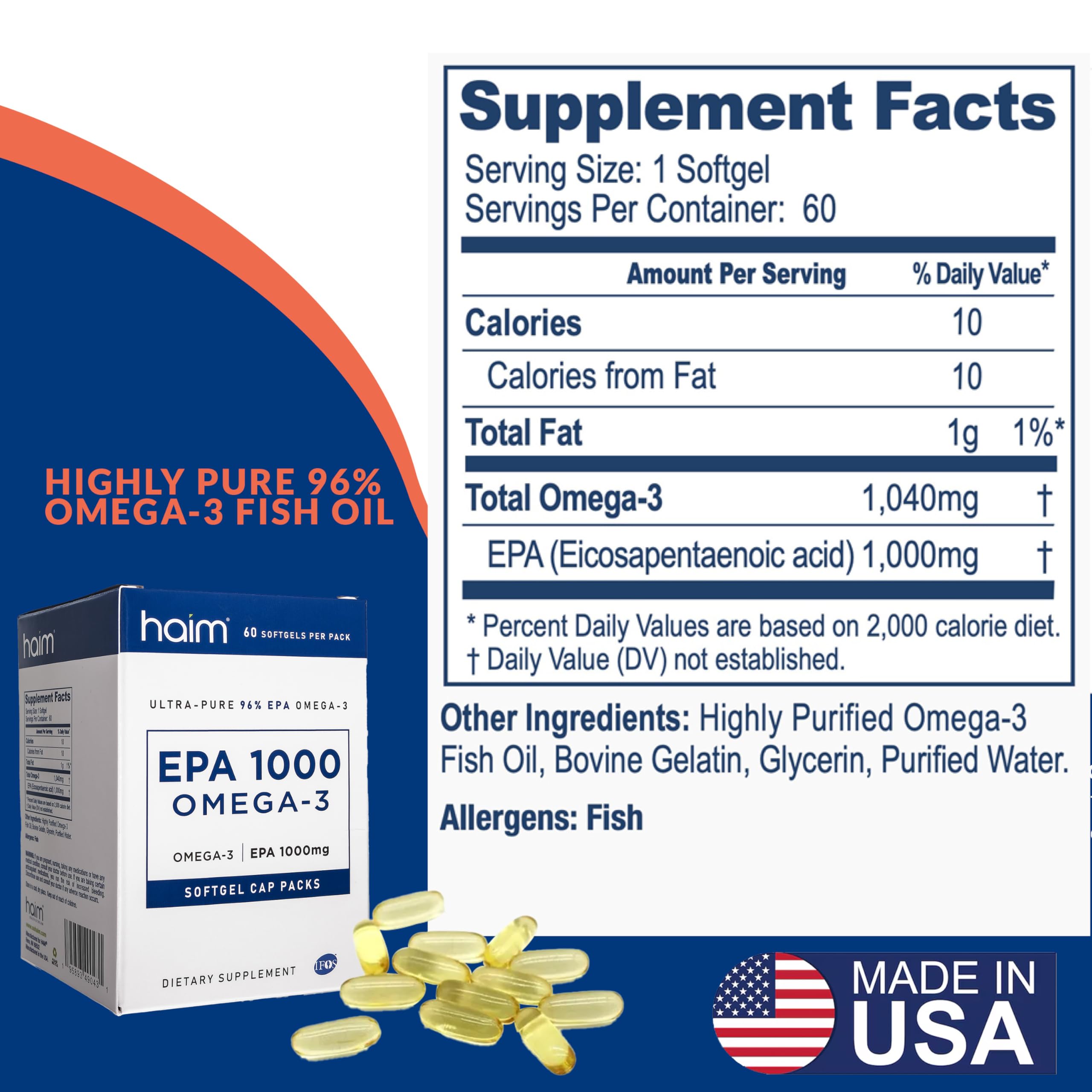 HAIM - EPA 1000mg, Ultra Pure 90%+ EPA Supplement, Heart Health, Joint Health, & Mood Support Supplement, Burpless Fish Oil, 60 EPA Softgels