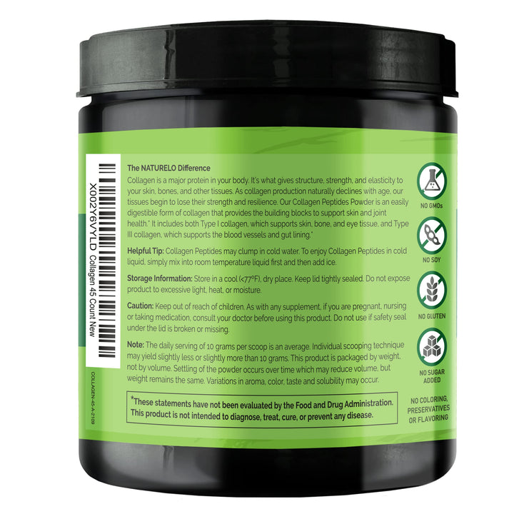 NATURELO Collagen Peptide Powder, Hydrolyzed Collagen Type I & III, Skin Hair & Joint Health - Unflavored, 16 Ounces | 45 Servings