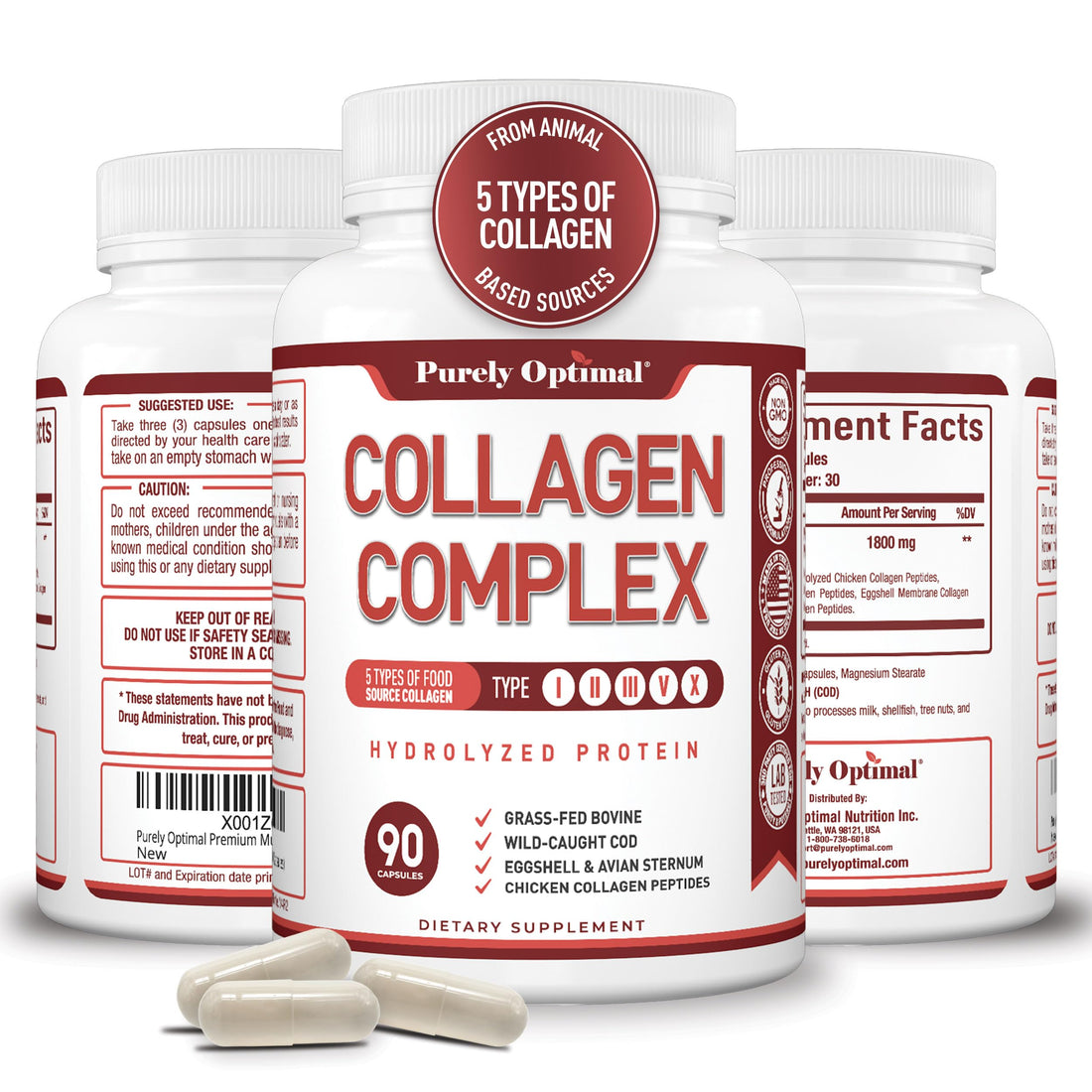 Purely Optimal Premium Multi Collagen Peptides Capsules (Types I, II, III, V, X) - Hair, Skin and Nails, Digestive & Joint Health Supplement, Hydrolyzed Collagen Pills (90 Capsules)