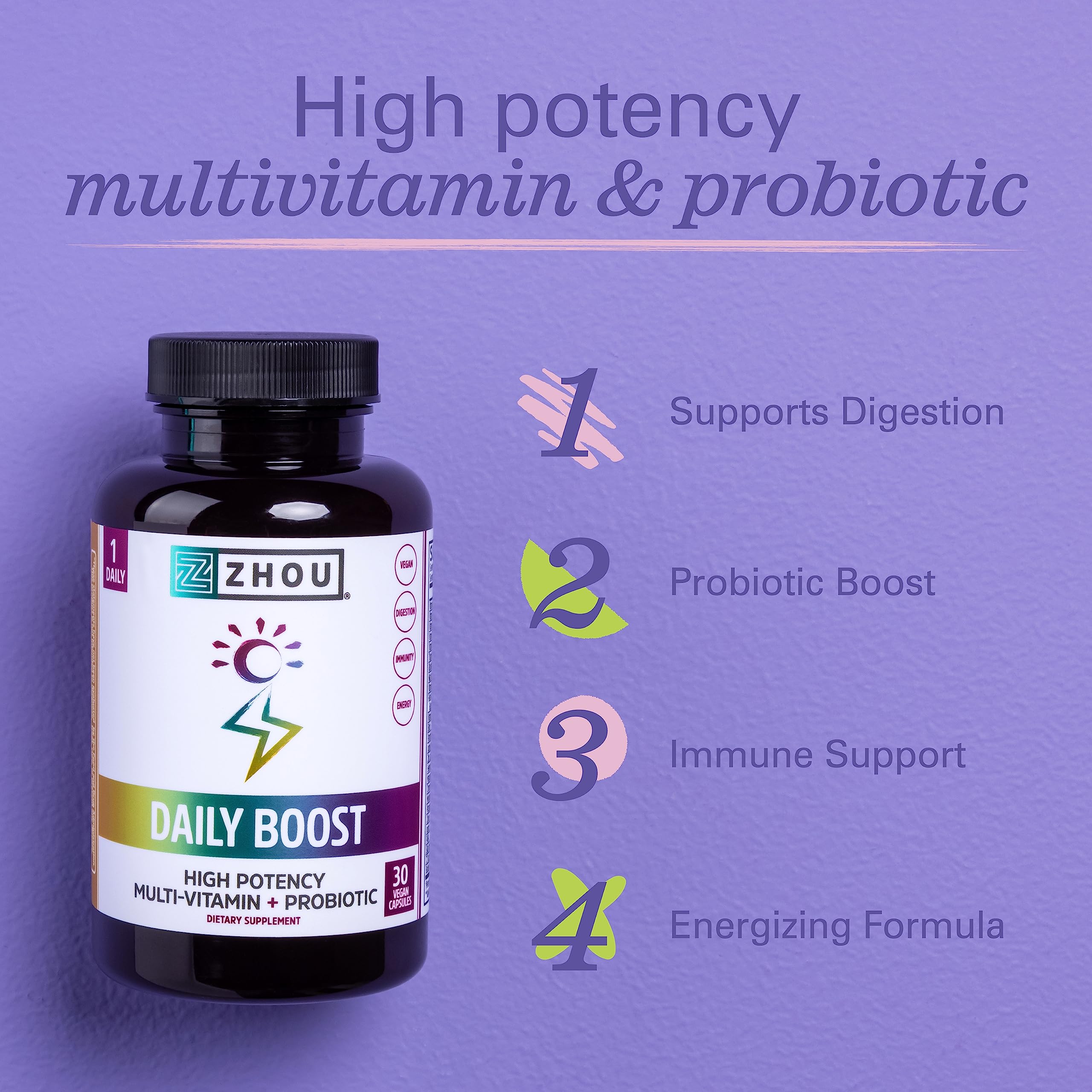 Zhou Nutrition Daily Boost Multivitamin with Probiotic, Zinc, Vitamin C, D3, B Complex for Immune Support, Energy and Digestive Health | Vegan, Gluten Free, Soy Free | 30 Servings