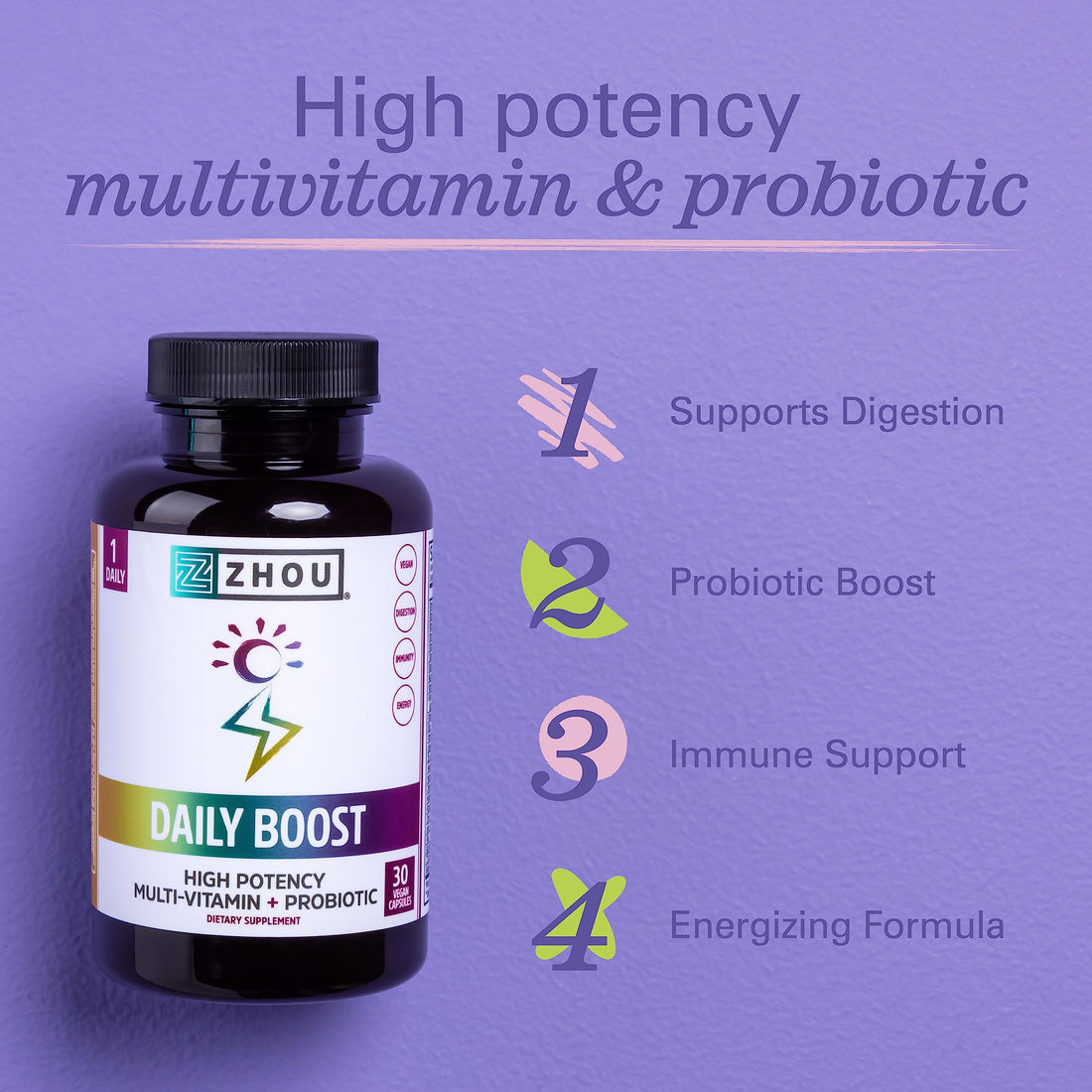 Zhou Nutrition Daily Boost Multivitamin with Probiotic, Zinc, Vitamin C, D3, B Complex for Immune Support, Energy and Digestive Health | Vegan, Gluten Free, Soy Free | 30 Servings