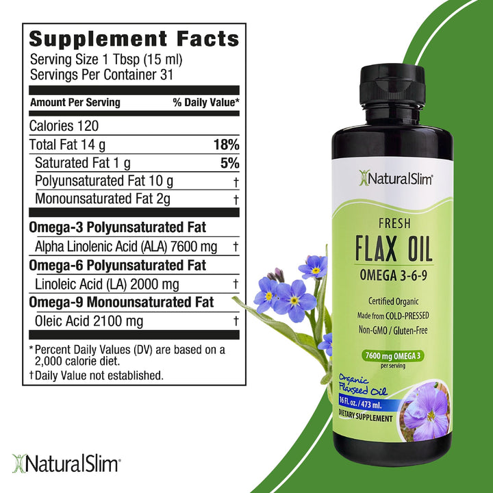 NaturalSlim Flax Oil - Flaxseed Oil Liquid Supplement with Omega 3 6 9 - Cold-Pressed Certified Organic Flax Seed Oil for Hair, Skin, Nails, Healthy Cells & Vegetable Oil for Cooking - 16 fl. Oz.