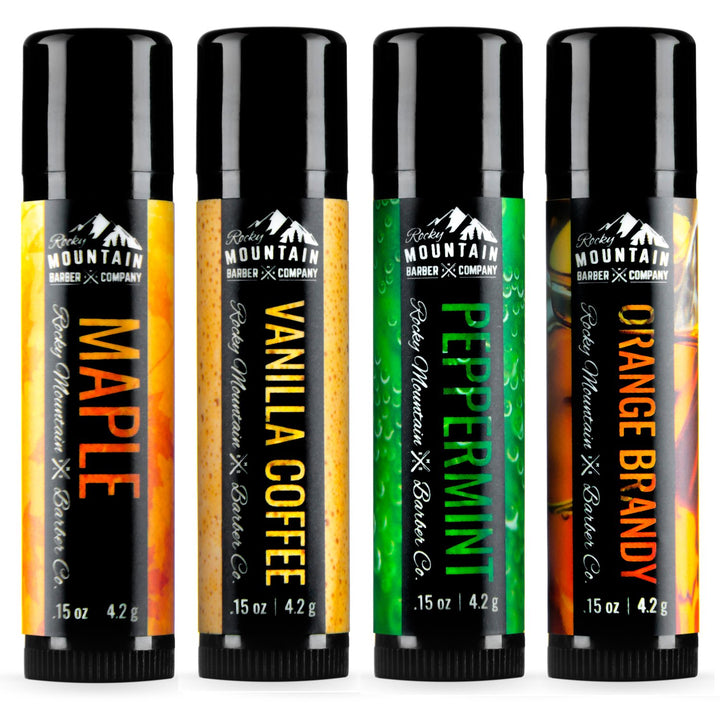 Lip Balm Set - 4 Scents - Maple, Vanilla, Peppermint, Orange Brandy - No Shine Matte Finish - Natural Ingredients Include Coconut Oil, Avocado Oil, Bees Wax, Shea Butter