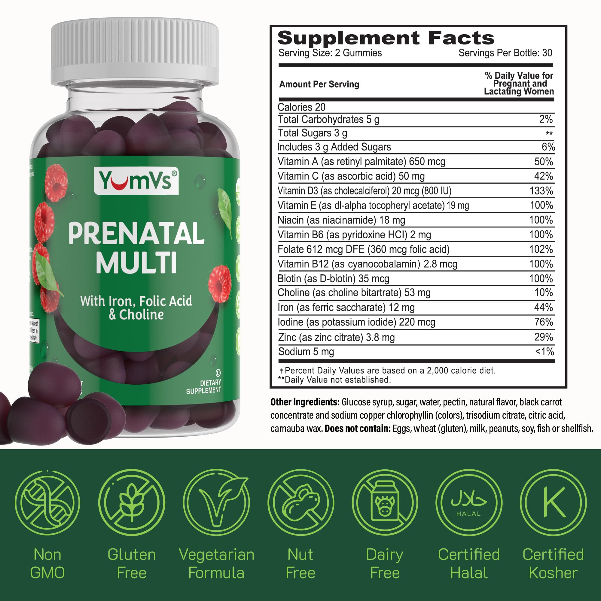 YUM-V'S YumVs Prenatal Gummies for Women - Prenatal Vitamins for Women with Folic Acid, Iron & Choline - Vegetarian & Kosher Pregnancy Vitamins - Womens Prenatal Multivitamin - 60 Count 2pk