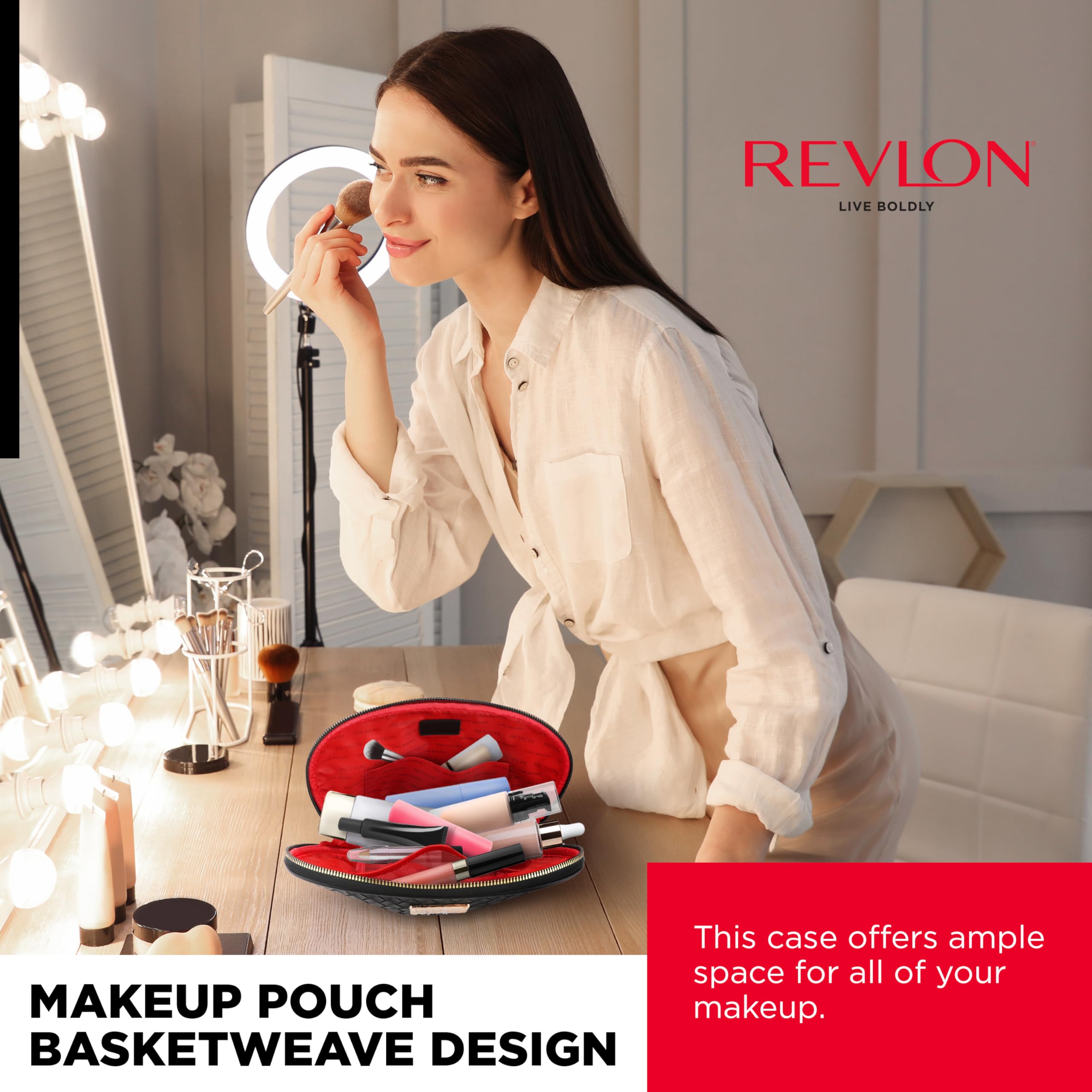 REVLON Basketweave Makeup Pouch - Small Makeup Pouch, Compact Travel Makeup Organizer, Cosmetic Bag, Mini Makeup Case with Pockets, Toiletry Pouch - Gifts for Women, Ladies, or Teen Girls, Onyx