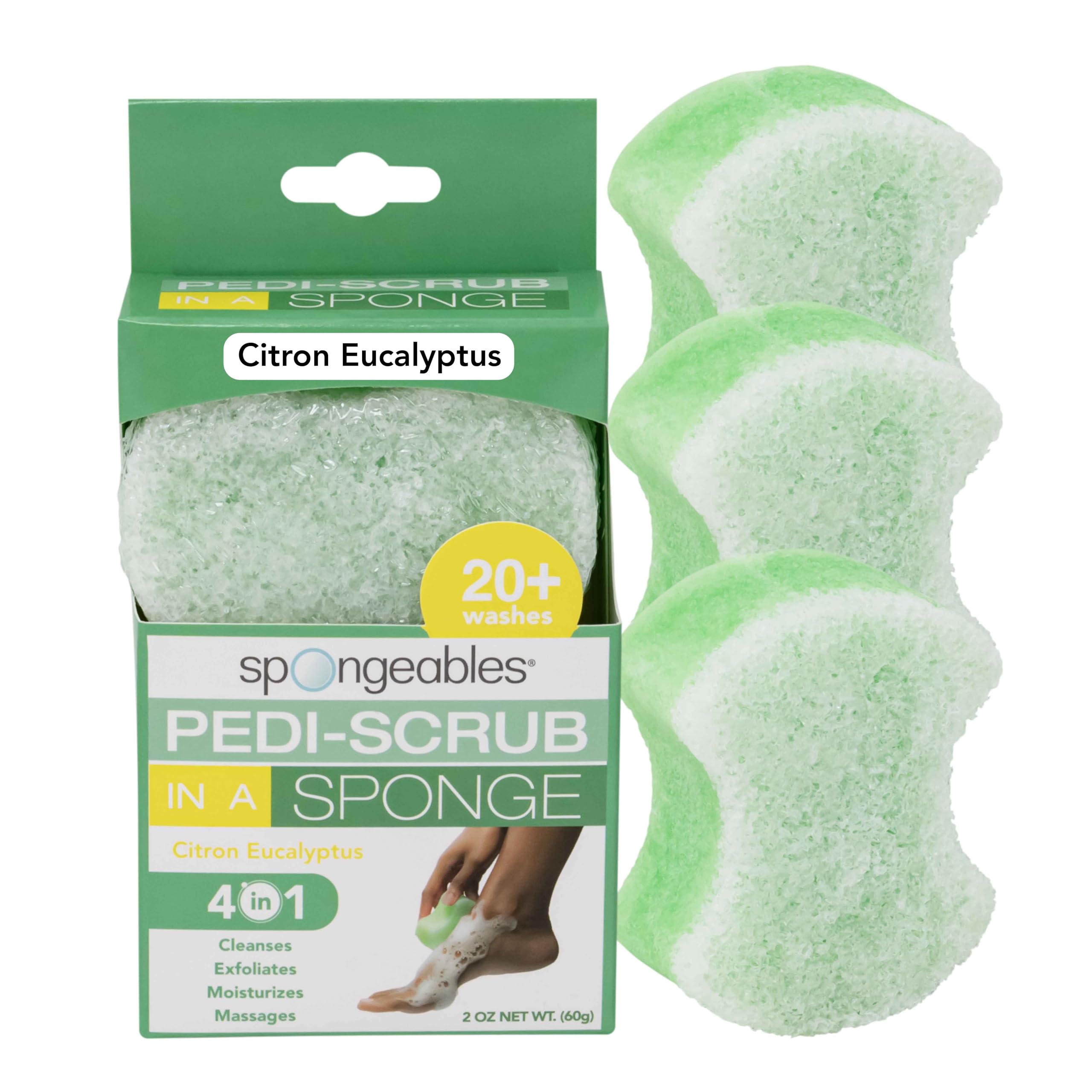 Spongables Pedi Scrub Foot Exfoliating 20+ Wash Sponge, Citron Eucalyptus, 3 Count