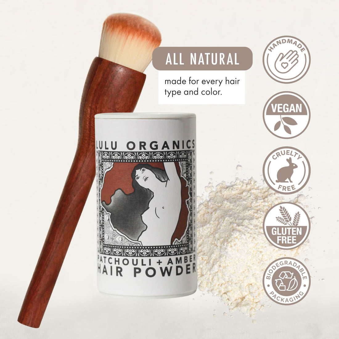 Non Aerosol Dry Shampoo Powder with Brush for Dark, Blonde and Oily Hair, All Natural Organic Hair and Body Powder, Paraben &Talc free No White Cast Synthetic Fragrance, Patchouli & Amber - 1oz