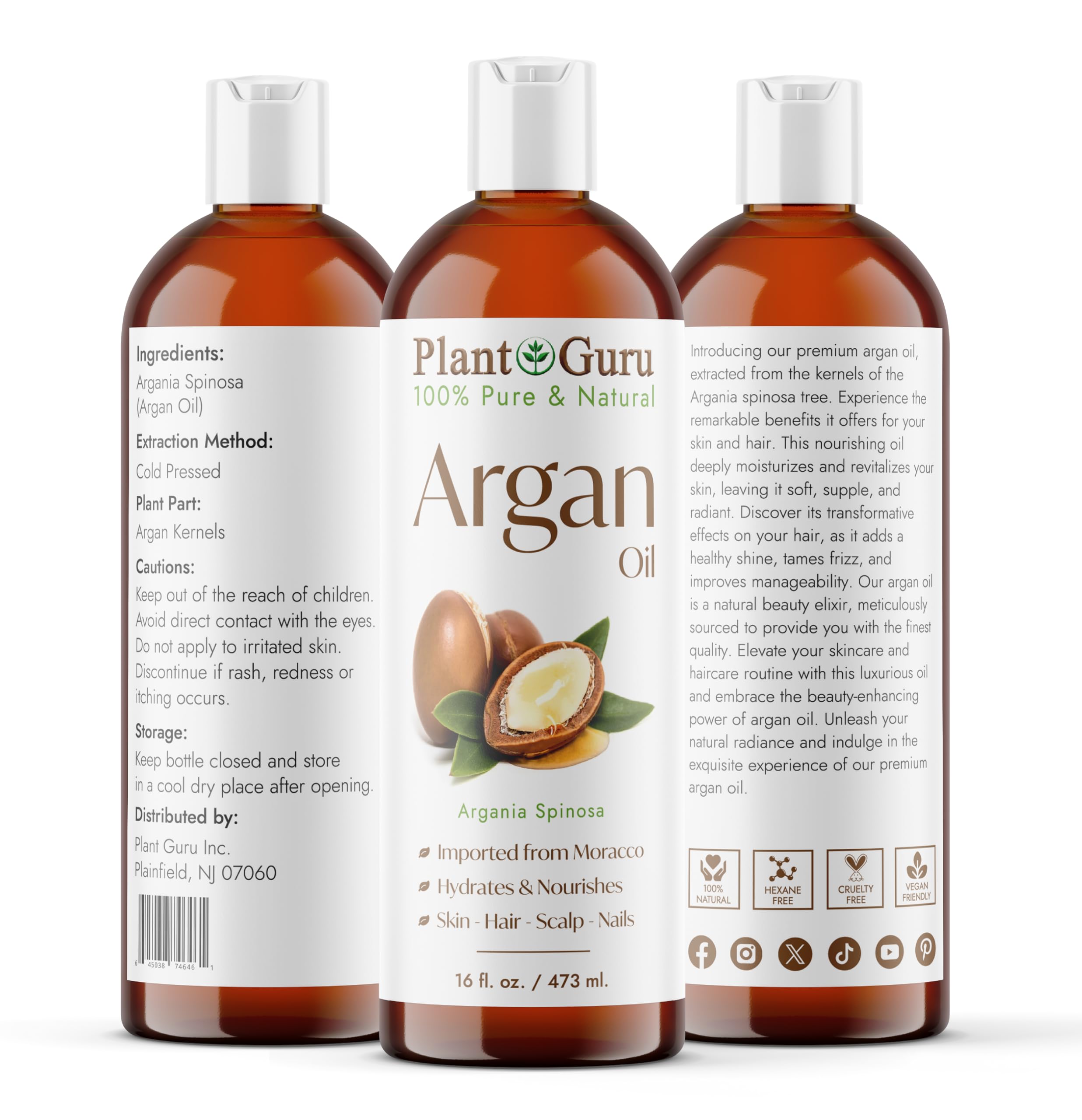 Argan Oil 16 fl. oz. Morocco Virgin, Cold Pressed 100% Pure Natural - Stimulates Hair Growth, Skin, Face And Body Moisturizer.