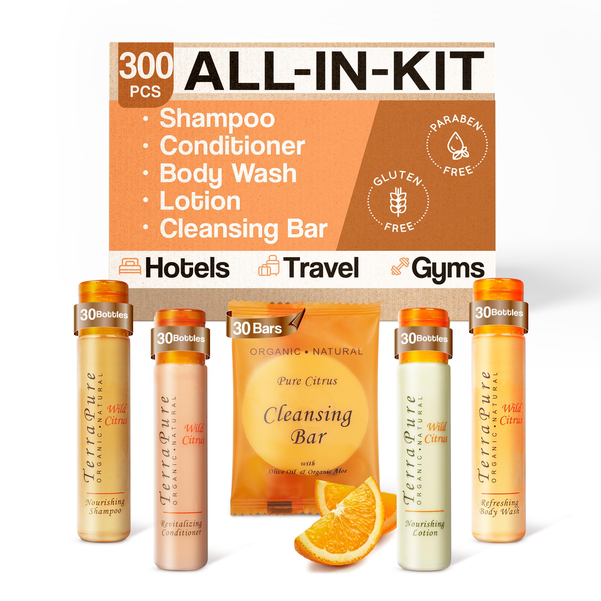 Terra Pure Wild Citrus Hotel Amenities Set | 1-Shoppe Amenities Kit | 1oz Shampoo, Conditioner, Body Wash, Lotion, Bar Soap | Travel Size | 300 Pieces