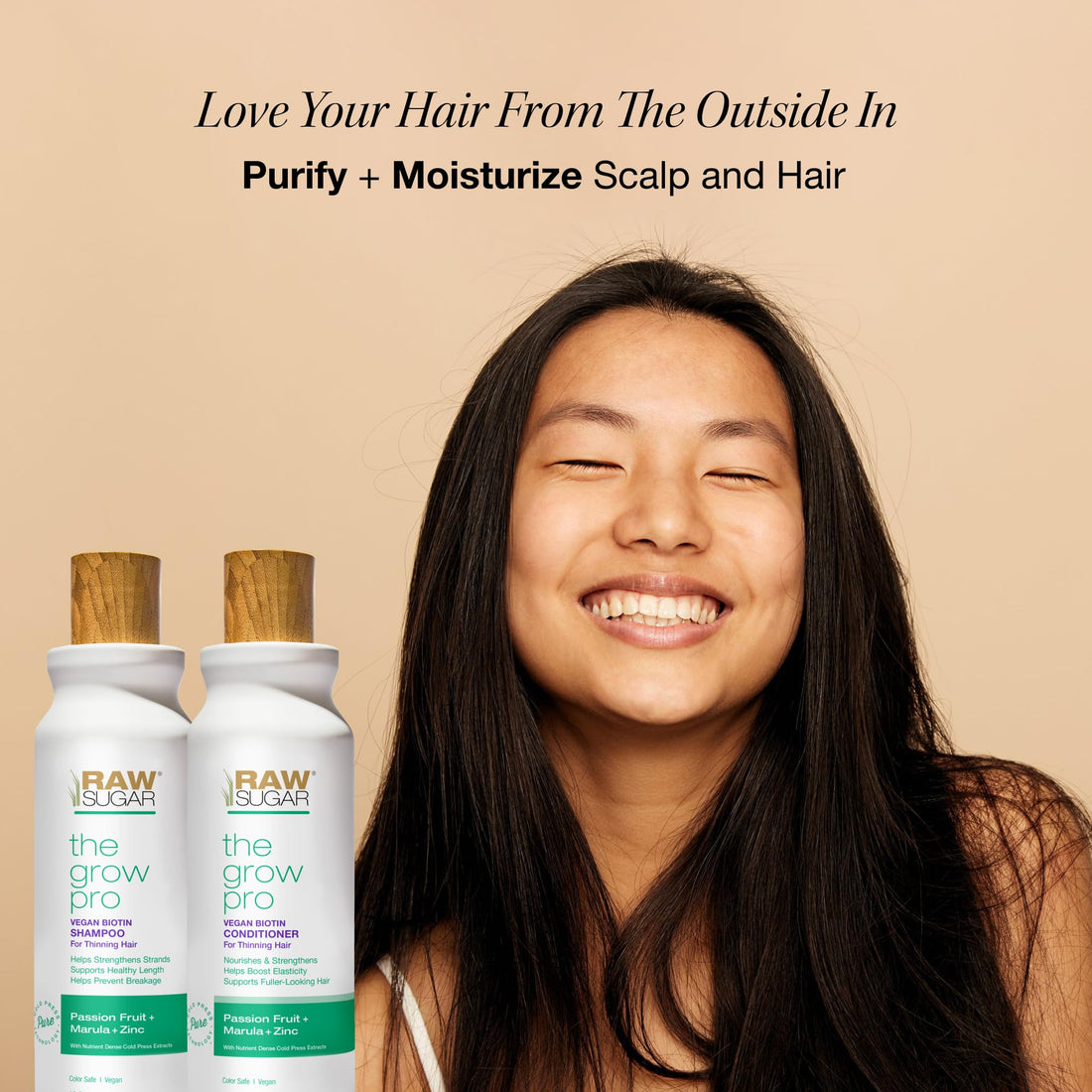 Raw Sugar Grow Pro Hair Care Bundle- Shampoo & Conditioner with Vegan Biotin for Anti-Thinning & Pro-Lengthening, Passion Fruit & Marula for Fuller Hair, Formulated without Sulfates + Parabens