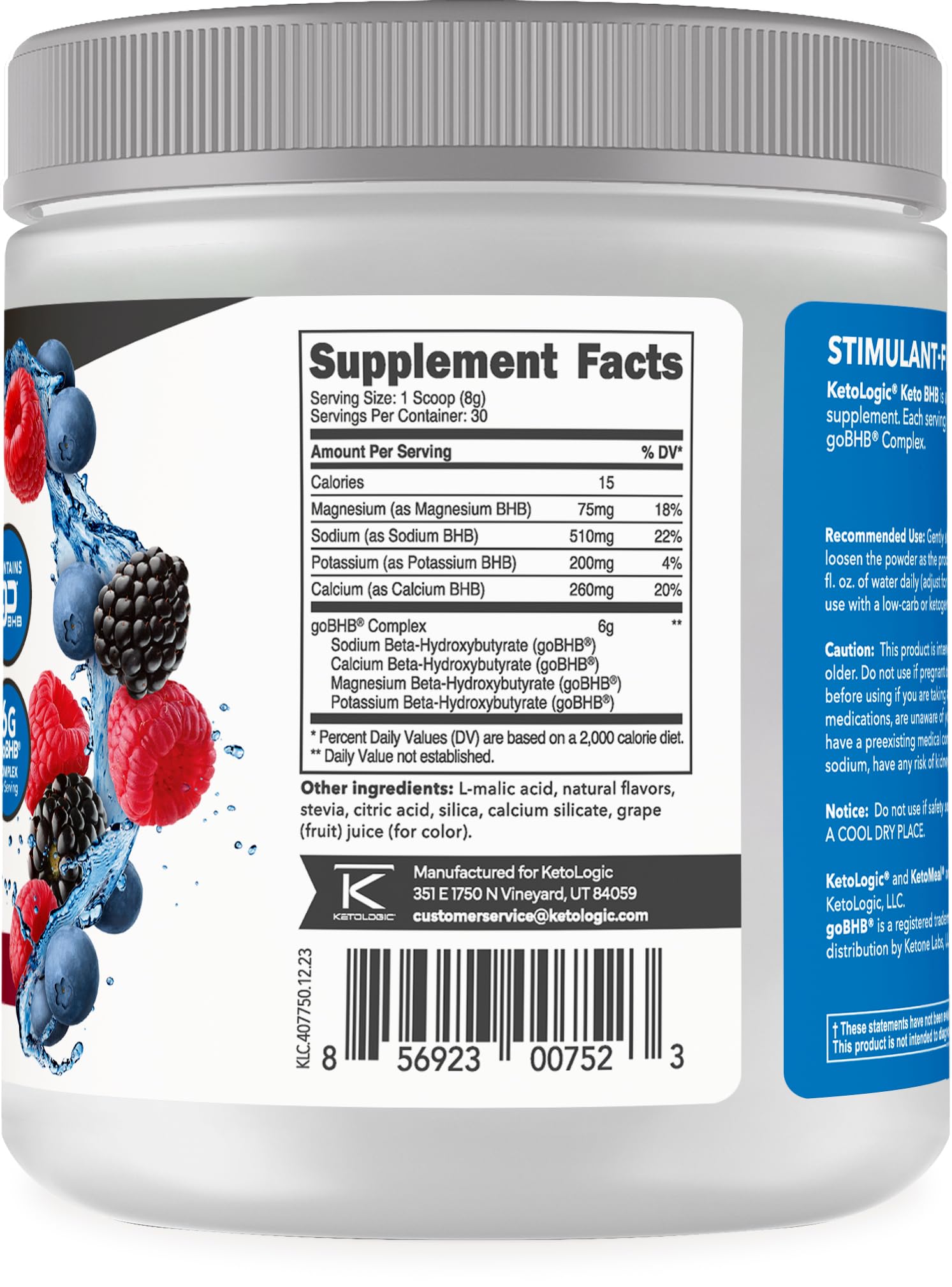Ketologic Keto BHB (Mixed Berry Flavor) 30 Servings - Exogenous Ketone Supplement with goBHB, Beta-Hydroxybutyrate Salts