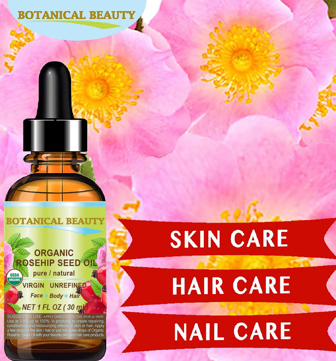 Botanical Beauty Organic ROSEHIP SEED OIL 100% Pure Natural Virgin Unrefined Cold-pressed Carrier Oil 0.5 Fl Oz 15 ml For Face, Skin, Body, Hair, Lip, Nails, Rich in vitamin C, Vitamin E, Anti-Aging