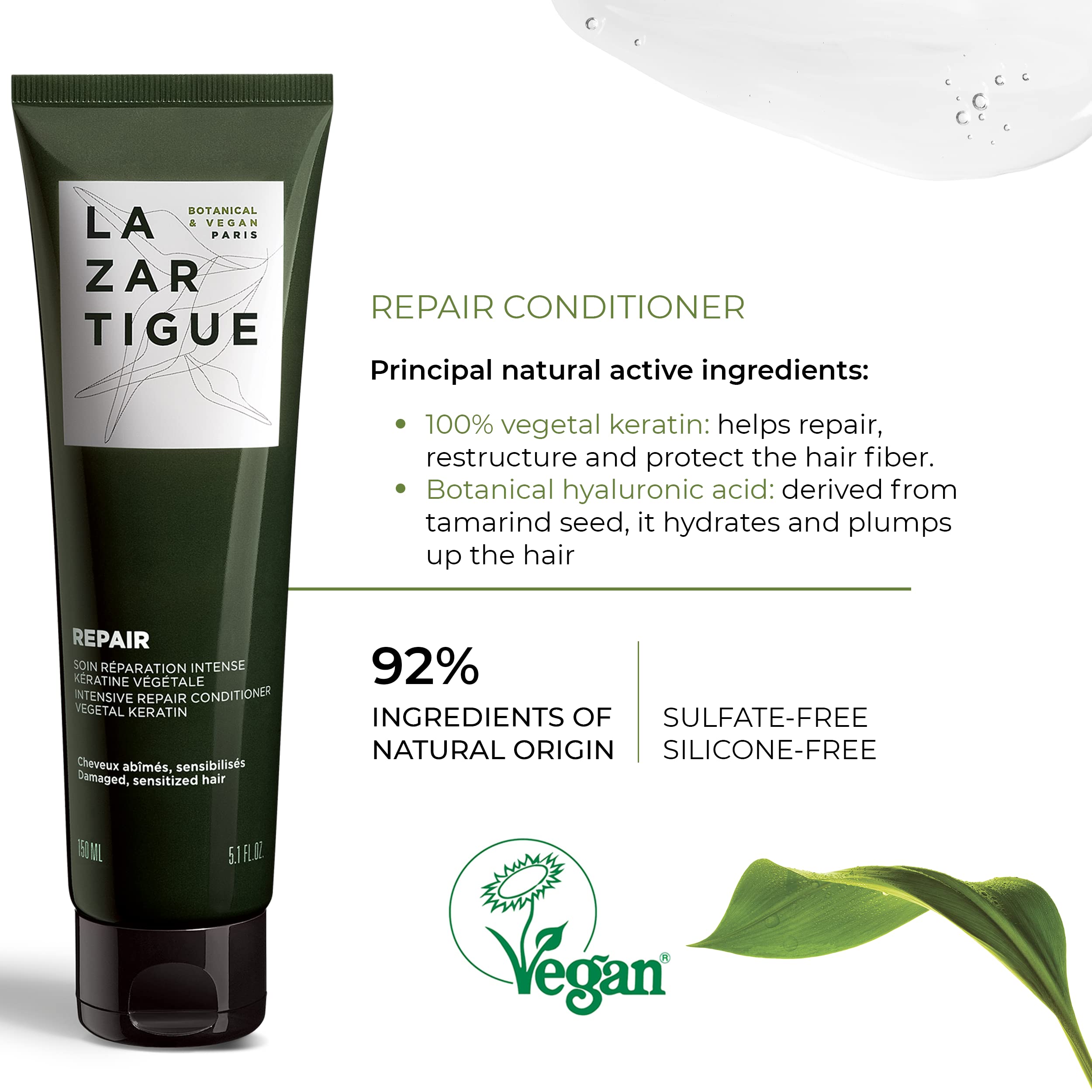 Lazartigue Repair Conditioner, Intensive Repair for Damaged Hair, Enriched with Vegetal Keratin, Vegan, Sulfate-Free, Silicone-Free, 5.1 fl.oz.