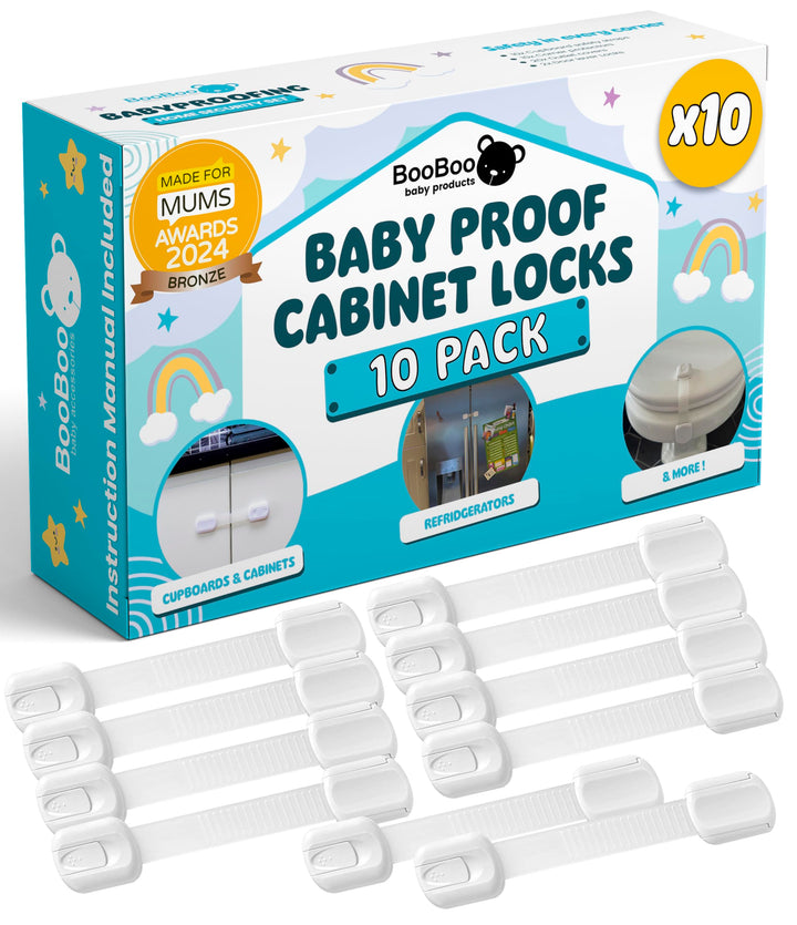 Booboo® (10 Pack) Premium Cabinet Locks Baby Proofing, Child Proof Cabinet Locks, Cupboard Locks for Children with 3M Adhesive + 4 Extra Stickers