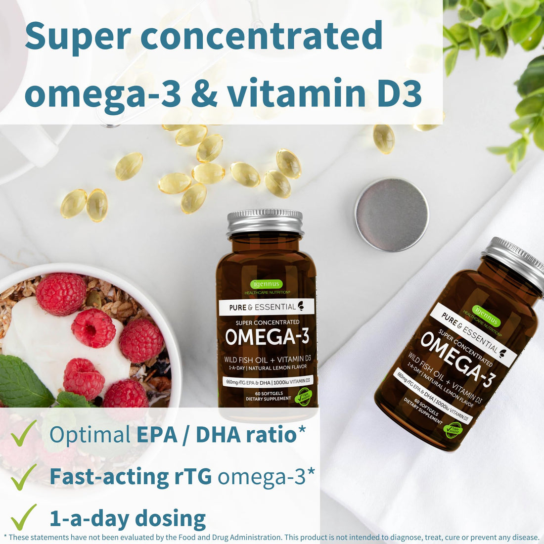 Igennus Advanced Omega-3 Wild Fish Oil & Vitamin D3, 1-a-Day, EPA & DHA Fatty Acids, rTG Fast-Acting Triglyceride Form, Ultra Pure & Non-GMO, 360 Softgels