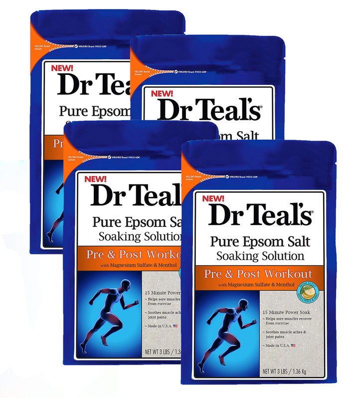 Dr. Teals Pre & Post Workout Epsom Salt Soaking Solution (4 Pack, 3lbs Ea.) - Essential Oils Blended with Pure Epsom Salt & Menthol - Eases Aches & Soreness, Alleviates Daily Stress - At Home Recovery