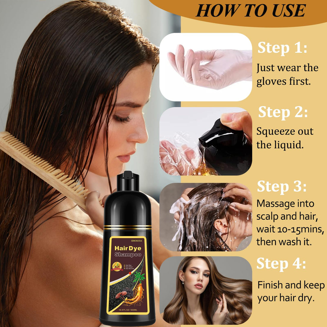 Instant Light Brown Hair Dye Shampoo for Gray Hair 3 in 1, Natural Hair Color Shampoo for Women Men Brown Colors in 10-15 mins, 100% Coverage Long Lasting Hair Dye 16.9 Fl Oz (Light brown)