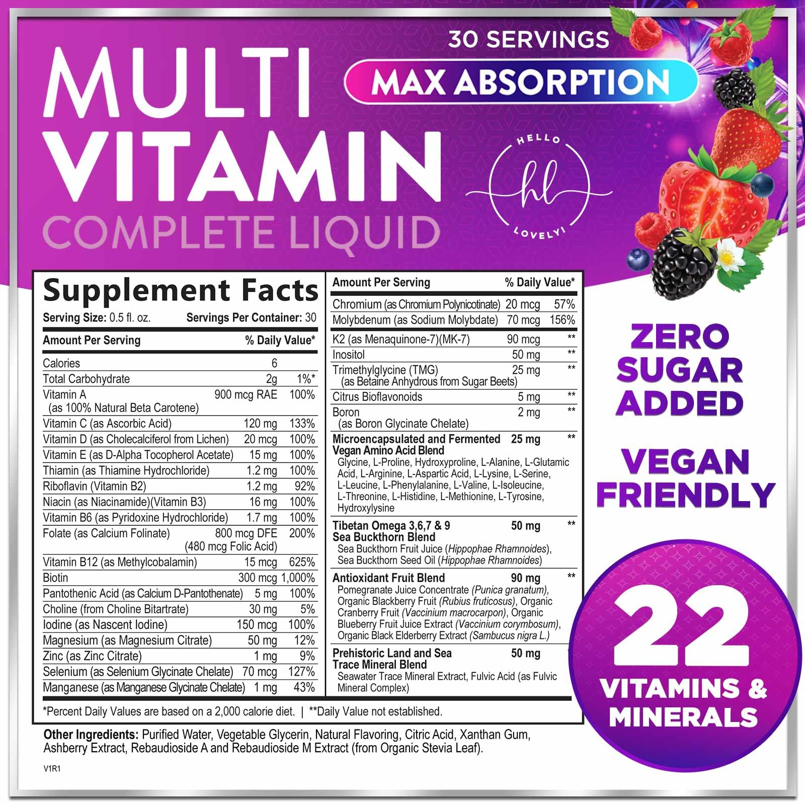 Multivitamin for Women, Men & Kids - Multi Vitamins Liquid & Multimineral, Vegan & Sugar Free, Vitamins A, C, D3, E, B6, B12 & Zinc, Womens Multi Vitamin & Immune Support, Berry Flavor - 15 Fl Oz