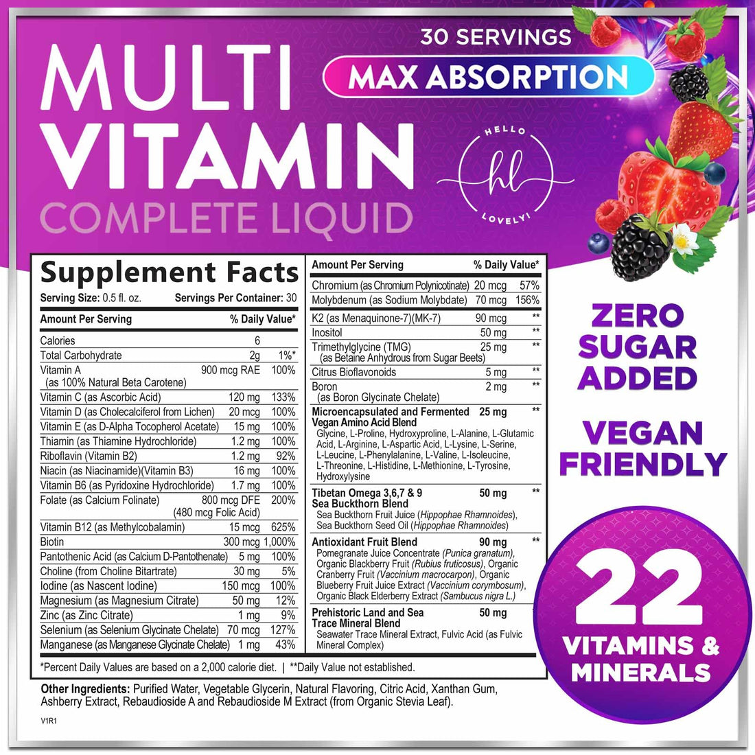 Multivitamin for Women, Men & Kids - Multi Vitamins Liquid & Multimineral, Vegan & Sugar Free, Vitamins A, C, D3, E, B6, B12 & Zinc, Womens Multi Vitamin & Immune Support, Berry Flavor - 15 Fl Oz