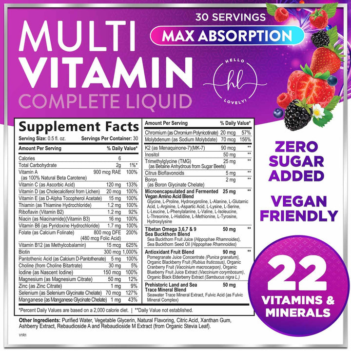 Multivitamin for Women, Men & Kids - Multi Vitamins Liquid & Multimineral, Vegan & Sugar Free, Vitamins A, C, D3, E, B6, B12 & Zinc, Womens Multi Vitamin & Immune Support, Berry Flavor - 15 Fl Oz