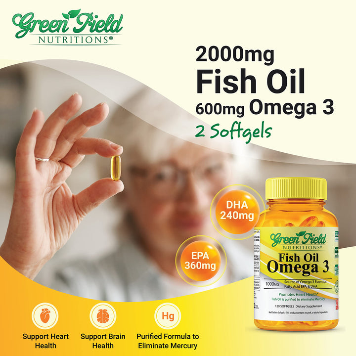 Greenfield Nutritions Halal Fish Oil 1000mg, 300mg Halal Omega 3, Small Wild Peruvian Fish Oil Halal Vitamins, EPA 180mg & DHA 120mg, Non-GMO, Gluten Free, Support Brain & Heart Health, 120 Pills