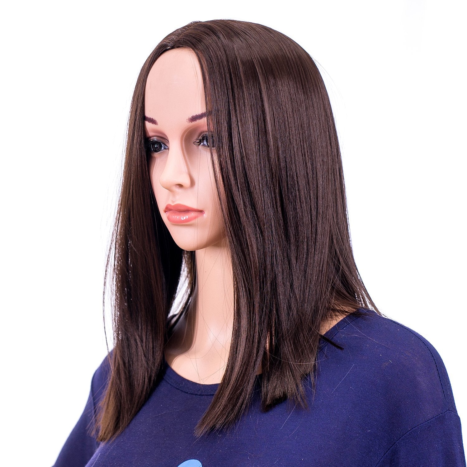 SWACC 14-Inch Short Straight Middle Part Hair Wig Medium Length Synthetic Heat Resistant Wigs for Women with Wig Cap (Dark Brown-4#)