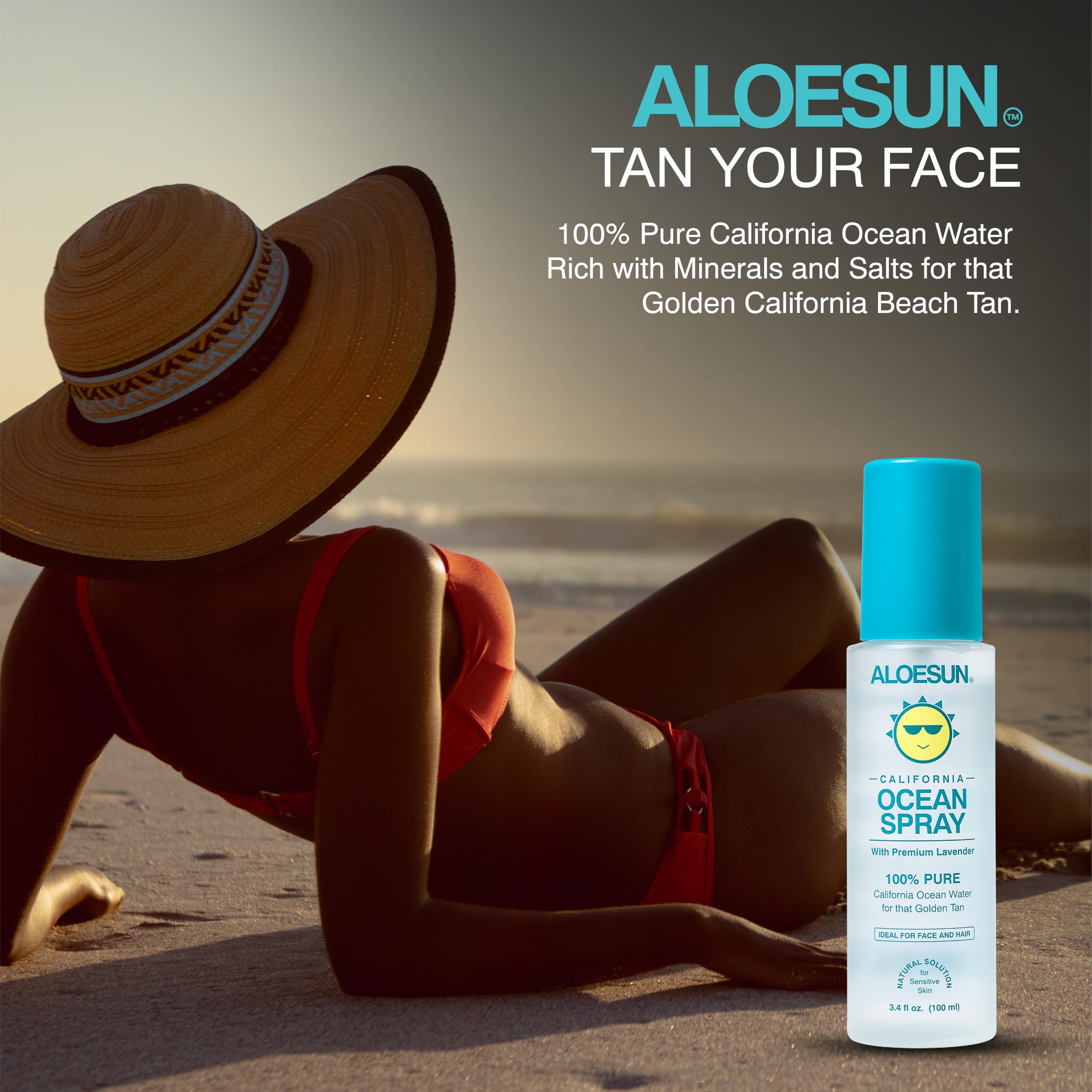 ALOESUN Ocean Spray | Pure California Sea Salt Water Face Mist Infused with Organic Lavender Essential Oil for Tanning | Hair & Scalp Exfoliating Solution | Facial Moisturizer | Travel Size 3.4 Fl Oz