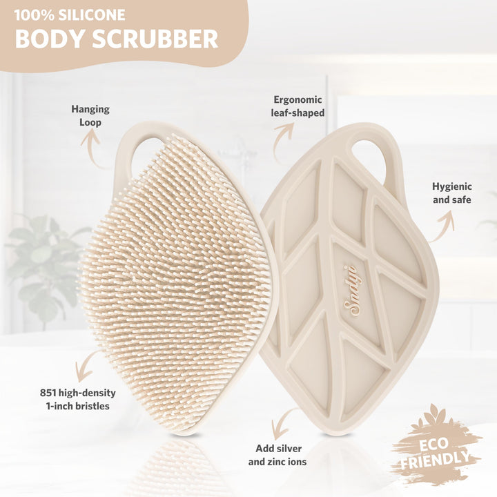Sndyi Silicone Body Scrubber, Gentle Exfoliating Body Scrubber for Sensitive Skin, Leaf Shaped Shower Scrubber for Body with Lathering Bristles, Silicone Loofah Body Brush for Showering, Oatmeal