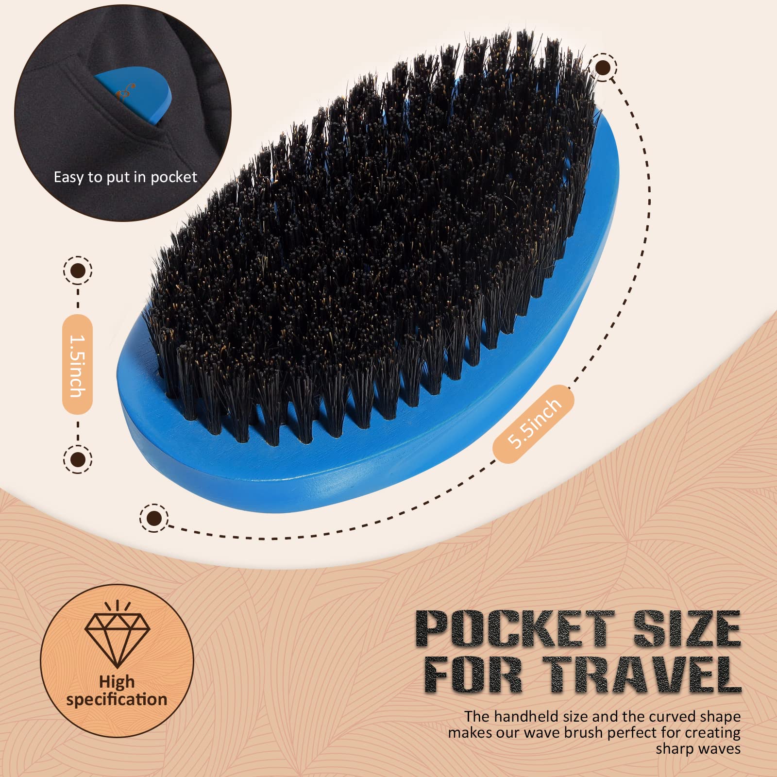 Aosina Medium Curved Palm Wave Brush 360 Wave Brush Made With Pure Black Boar Bristle Hair Brush Designed for Thin and Normal Hair-Mens Curved Military Wave (Blue)