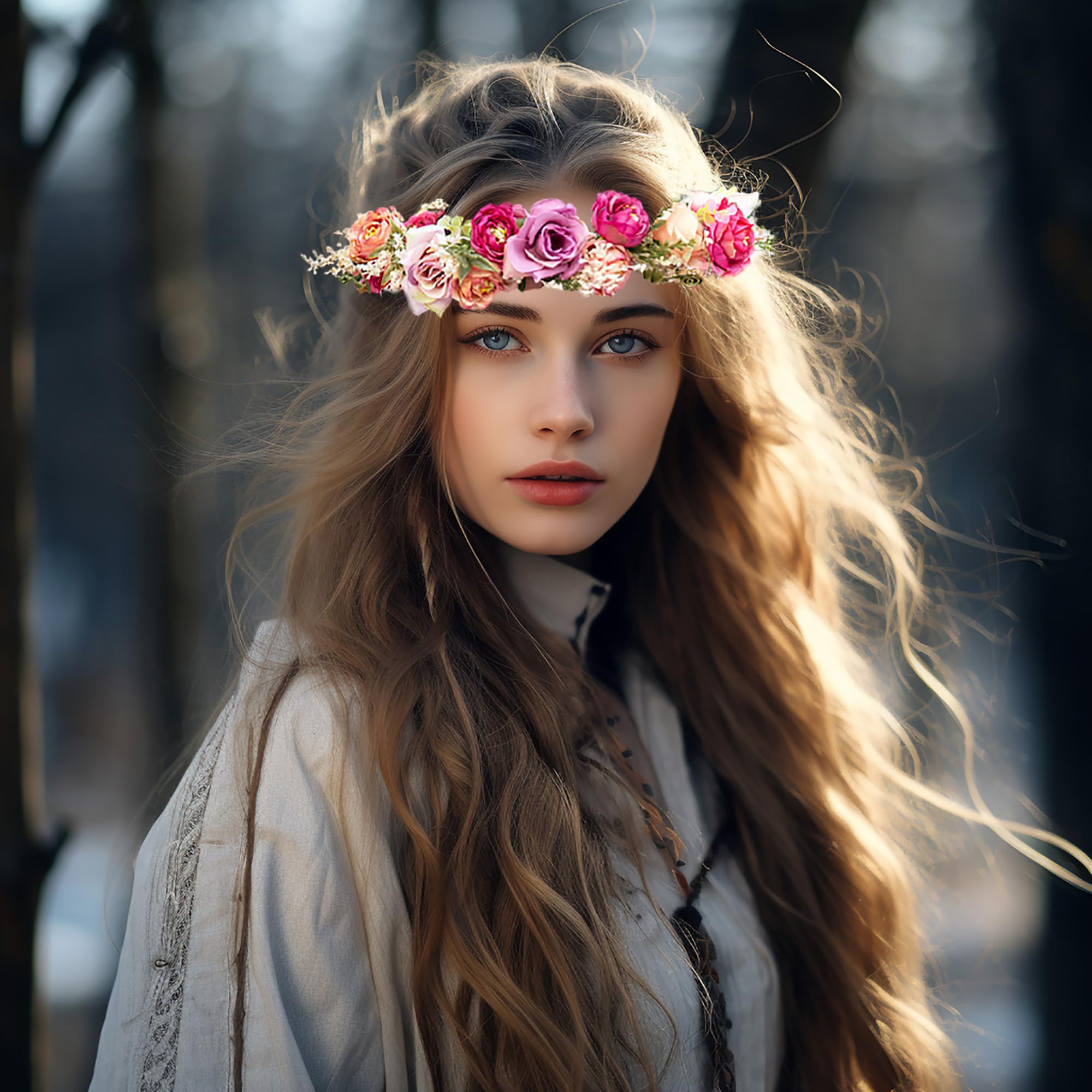 LINFLL Rose Flower Crown Wreath Headband Festival Wedding Hair Floral Halo Headpiece with Ribbon Rose Red