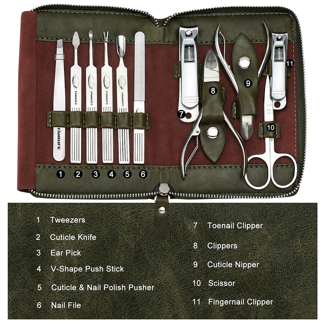 FAMILIFE Manicure Set, L23 11 in 1 Stainless Steel Mens Manicure Kit Leather Pedicure Tools Kit Grooming Kit with Travel Case Box Gift For Father