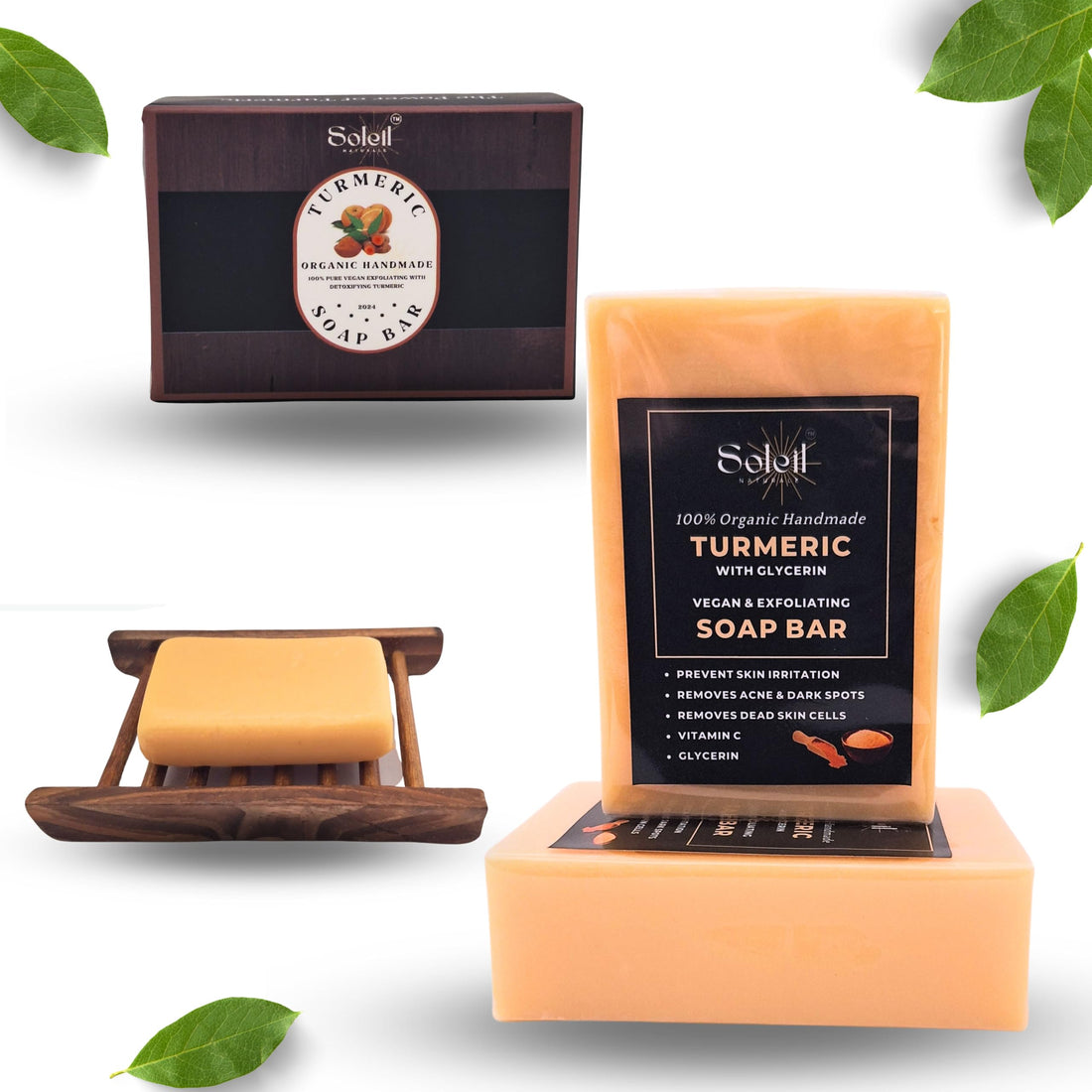 Pack of 2 - Organic Turmeric Face and Body Soap Bar, Vitamin C, Palm Oil, Olive Oil, Turmeric Oil, Turmeric Powder, with 1 Bamboo Wooden Soap Dish Tray - Birthday, Housewarming, Wedding Gift