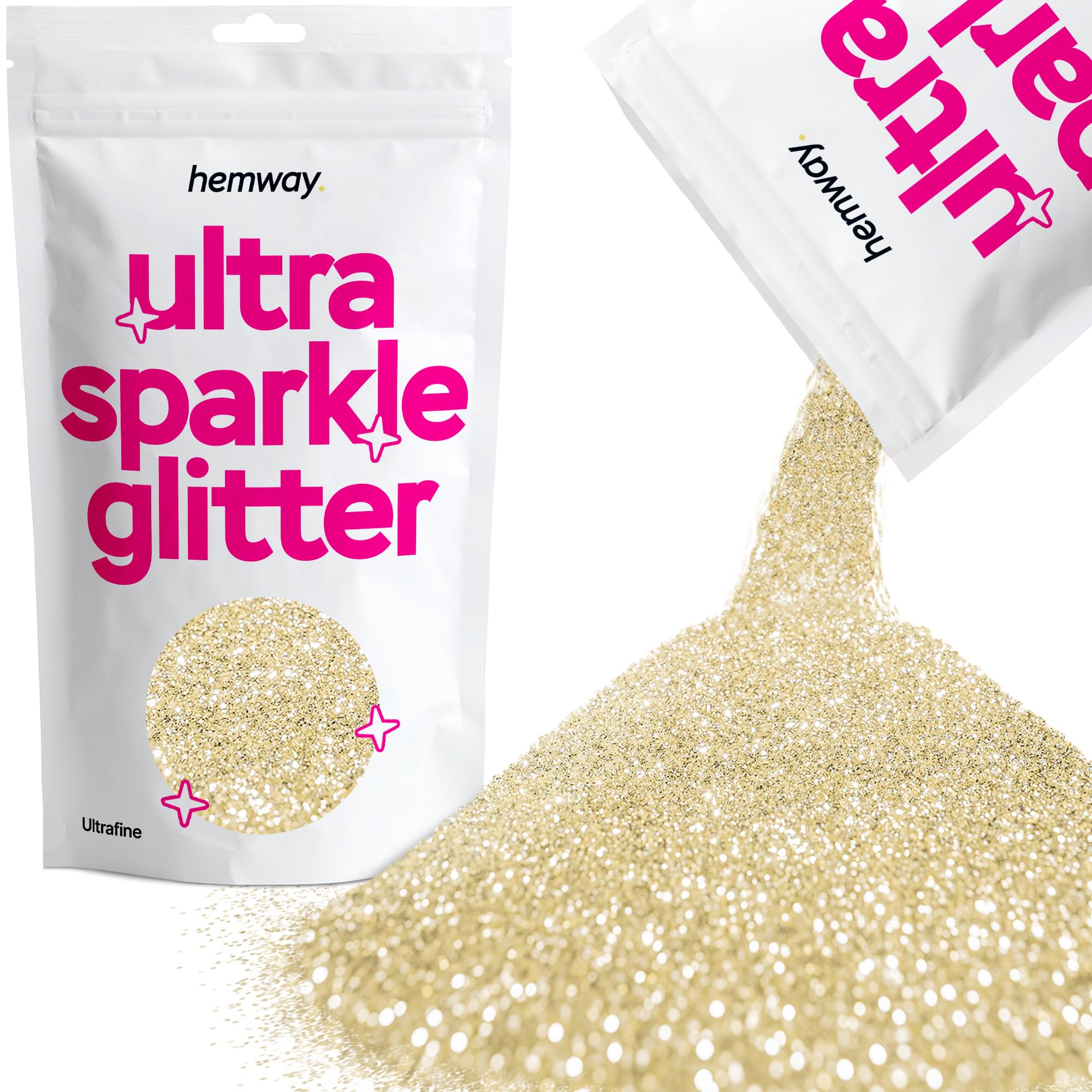 Hemway Premium Ultra Sparkle Glitter Multi Purpose Metallic Flake for Arts Crafts Nails Cosmetics Resin Festival Face Hair - Champagne Gold - Ultrafine (1/128 0.008 0.2mm) 100g / 3.5oz
